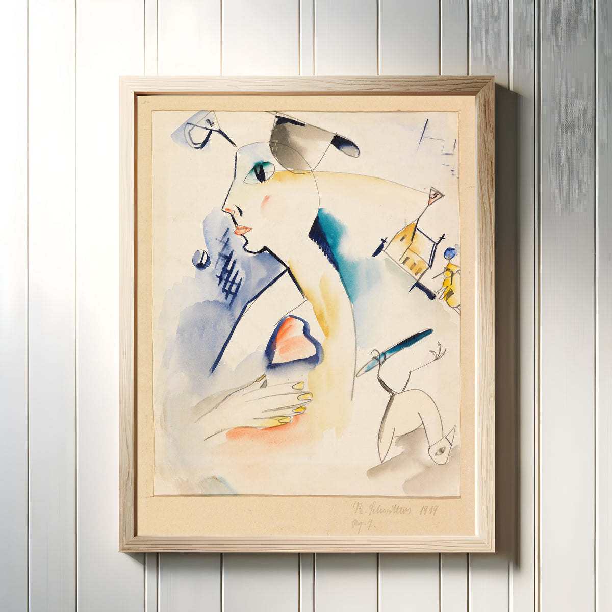 Framed art print of Mann schaaft Lilablau by Kurt Schwitters, in a light wood frame on a white panelled wall