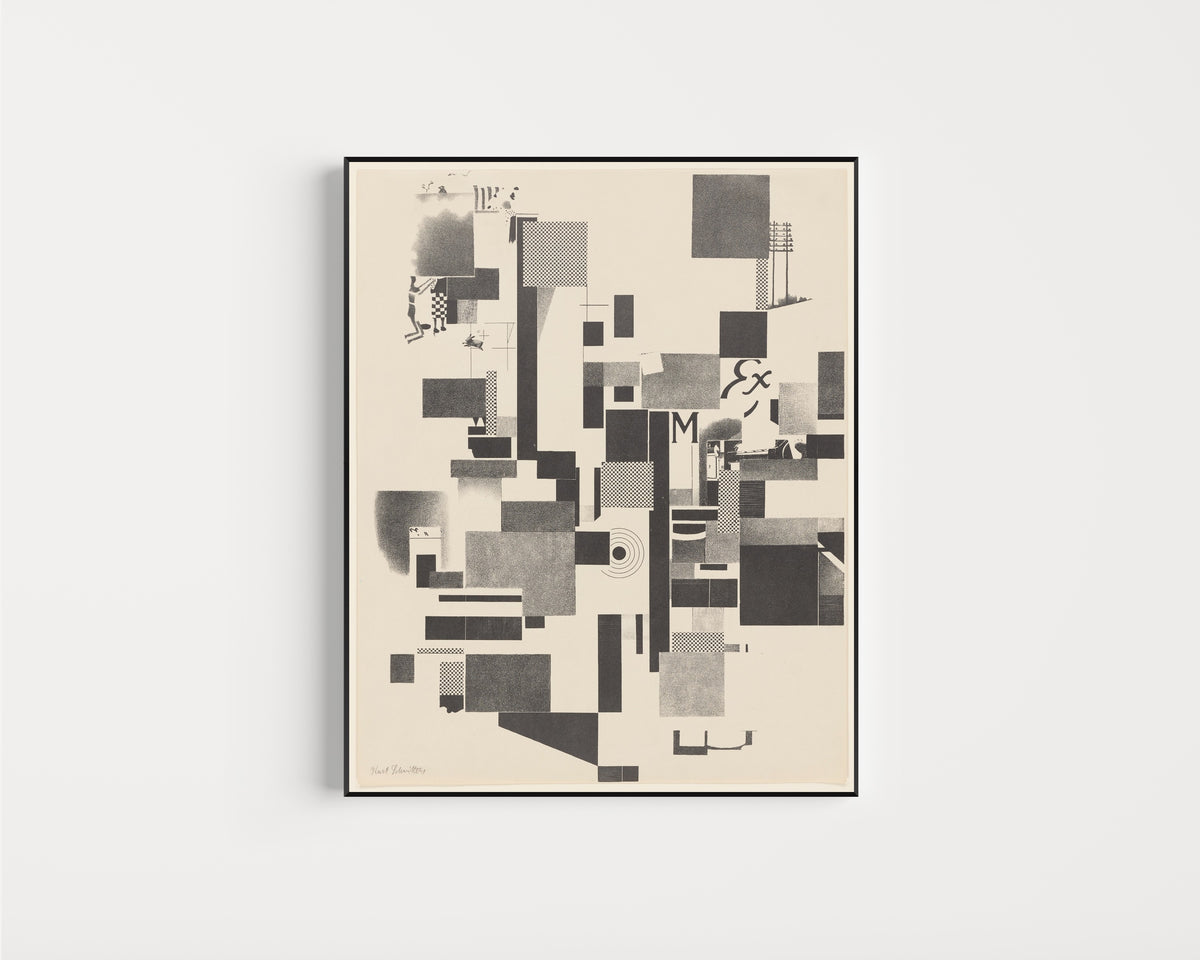 Framed art print of Merz 3. Kurt Schwitters 6 Lithos Pl.3 by Kurt Schwitters, in a slim black frame on a plain white wall