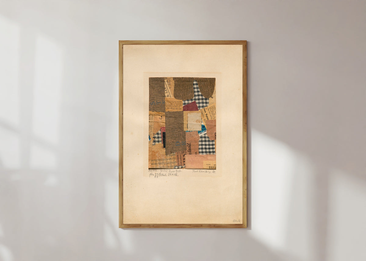 Framed art print of Mz 117. Genève Karo Gelb by Kurt Schwitters, in a light wood frame on a sunlit white wall