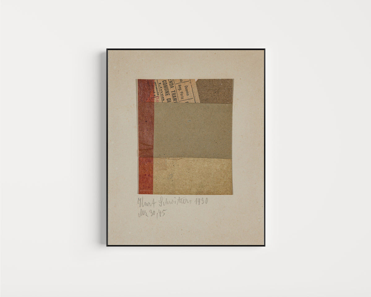 Framed art print of Mz 30, 45 by Kurt Schwitters, in a slim black frame on a plain white wall