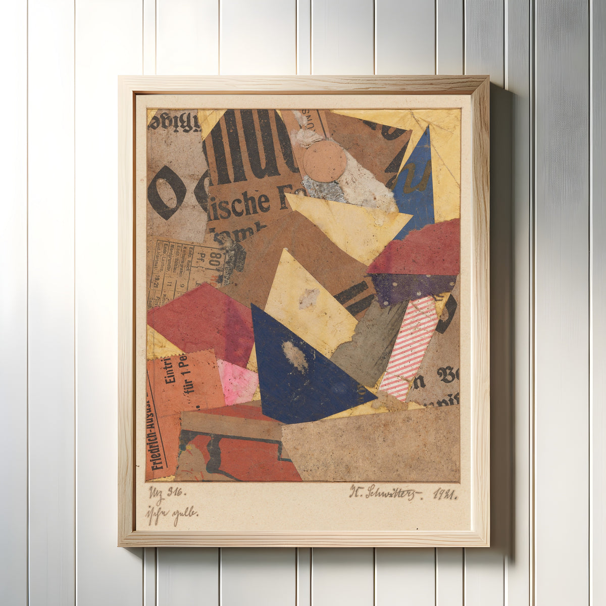 Framed art print of Mz 316 ische gelb (Mz 316 ische Yellow) by Kurt Schwitters, in a light wood frame on a white panelled wall