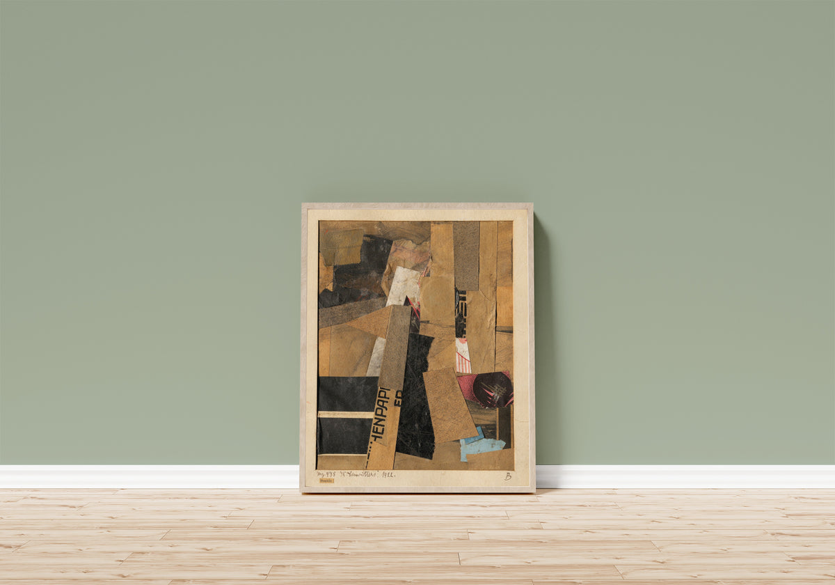 Framed art print of Mz 478 Gemälde by Kurt Schwitters, in a light wood frame leaning on a sage green wall above a wooden floor