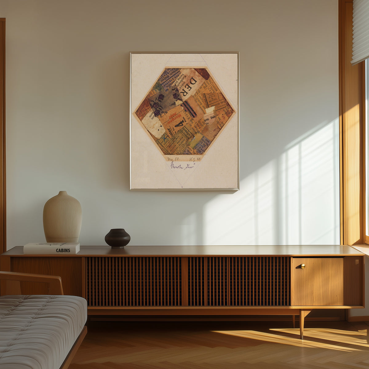 Framed art print of Mz 58, Worte 'der' by Kurt Schwitters, in a thin light frame on a sunlit wall above a wooden sideboard