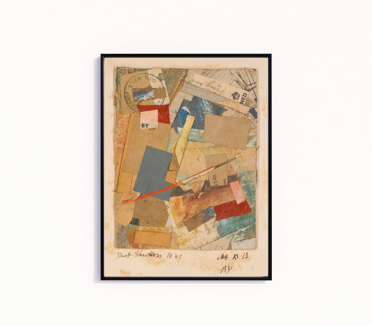 Framed art print of Mz X 13 by Kurt Schwitters, in a slim black frame on a plain white wall