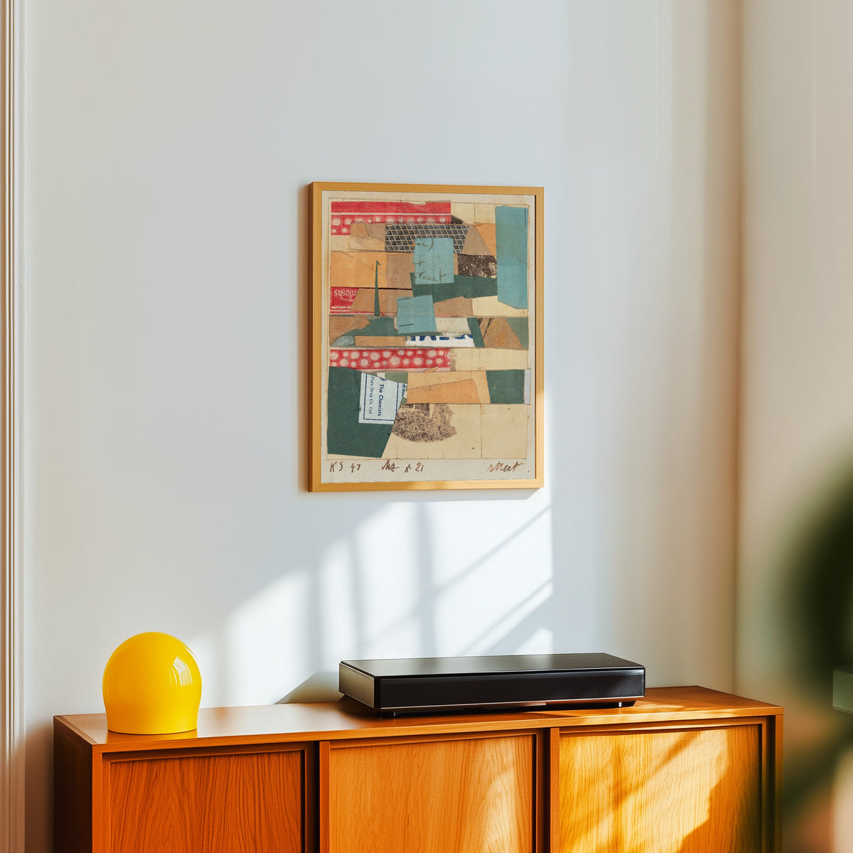 Framed art print of Mz x 21 Street by Kurt Schwitters, in a light wood frame on a white wall above an orange sideboard