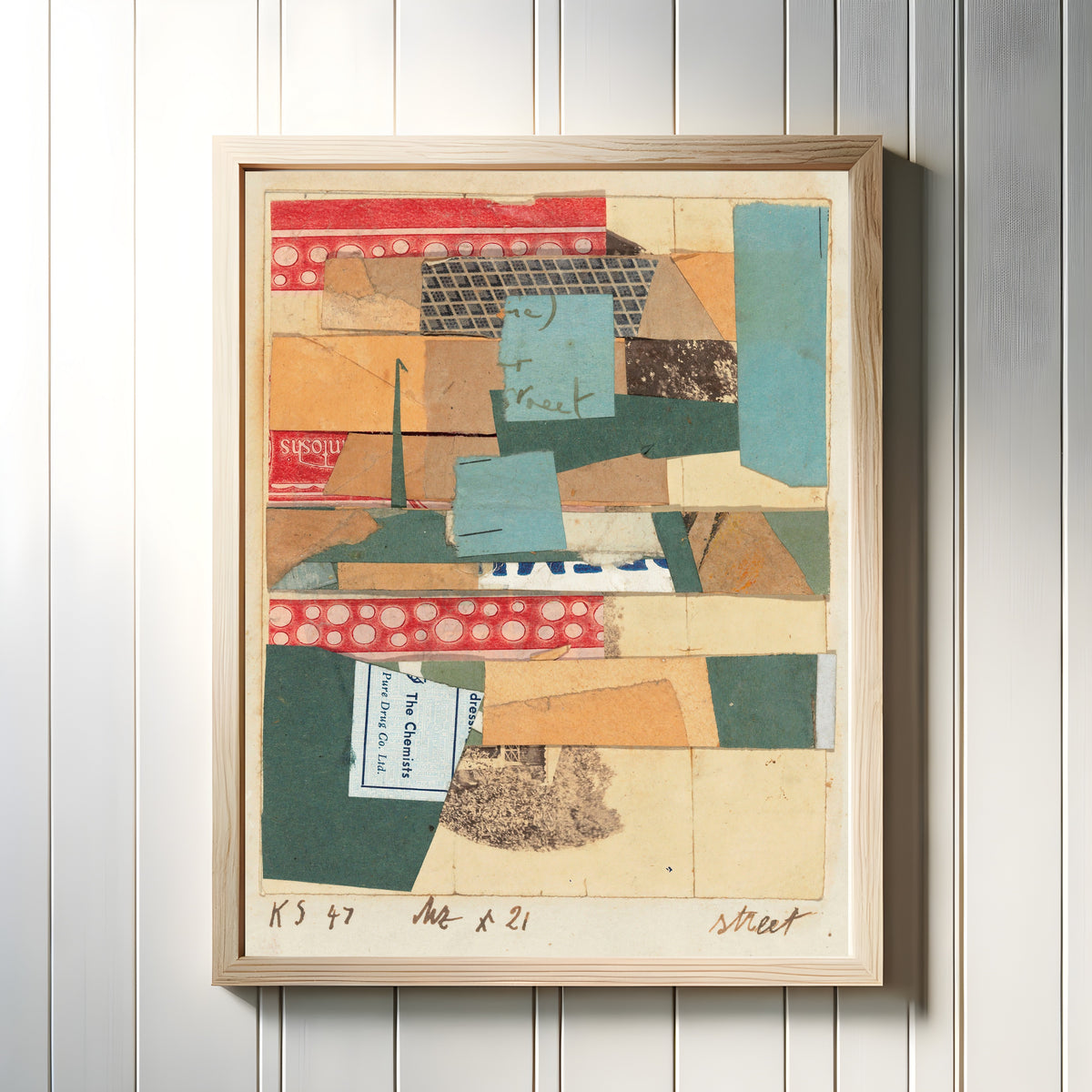 Framed art print of Mz x 21 Street by Kurt Schwitters, in a light wood frame on a white panelled wall