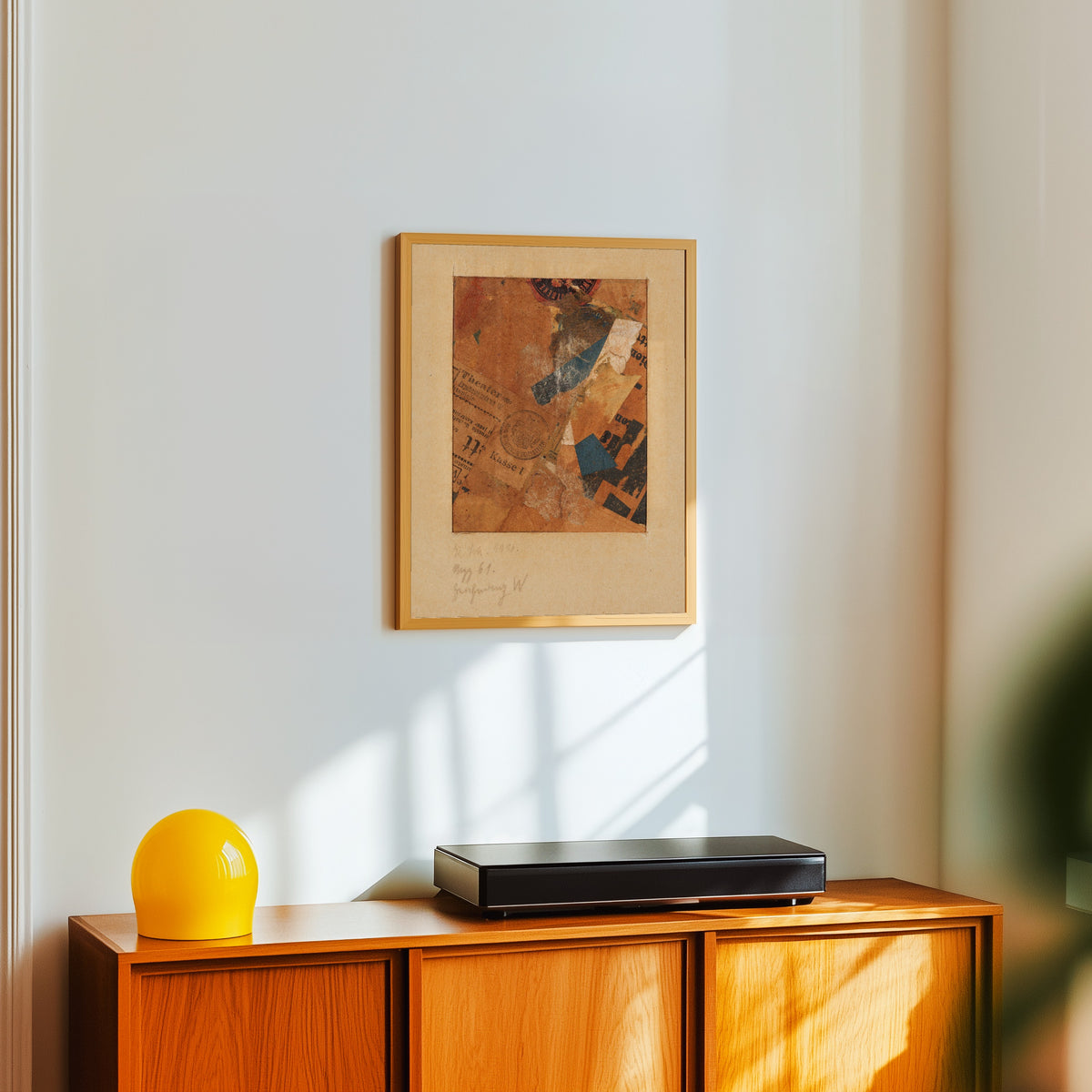 Framed art print of Mzz 61 Ohne Titel (Zeichnung W). (Merzzeichnung) by Kurt Schwitters, in a light wood frame on a white wall above an orange sideboard