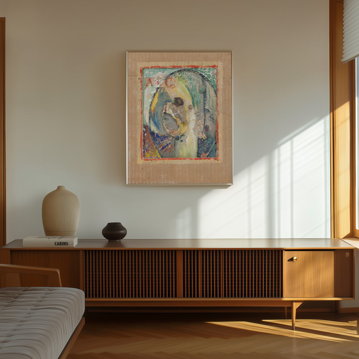Framed art print of Ohne Titel (ABC) by Kurt Schwitters, in a thin light frame on a sunlit wall above a wooden sideboard