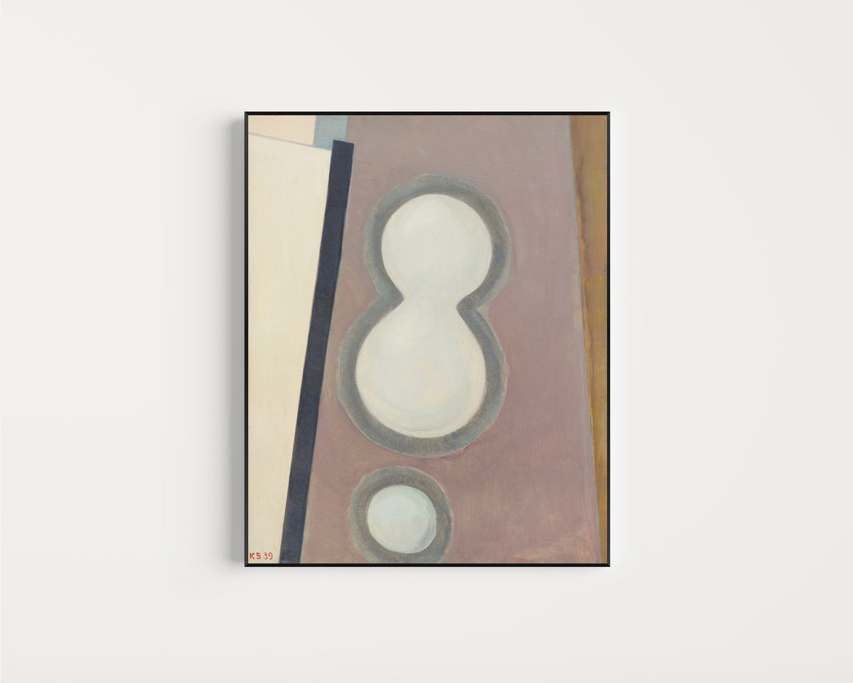 Framed art print of Ohne Titel (Acht) by Kurt Schwitters, in a slim black frame on a plain white wall