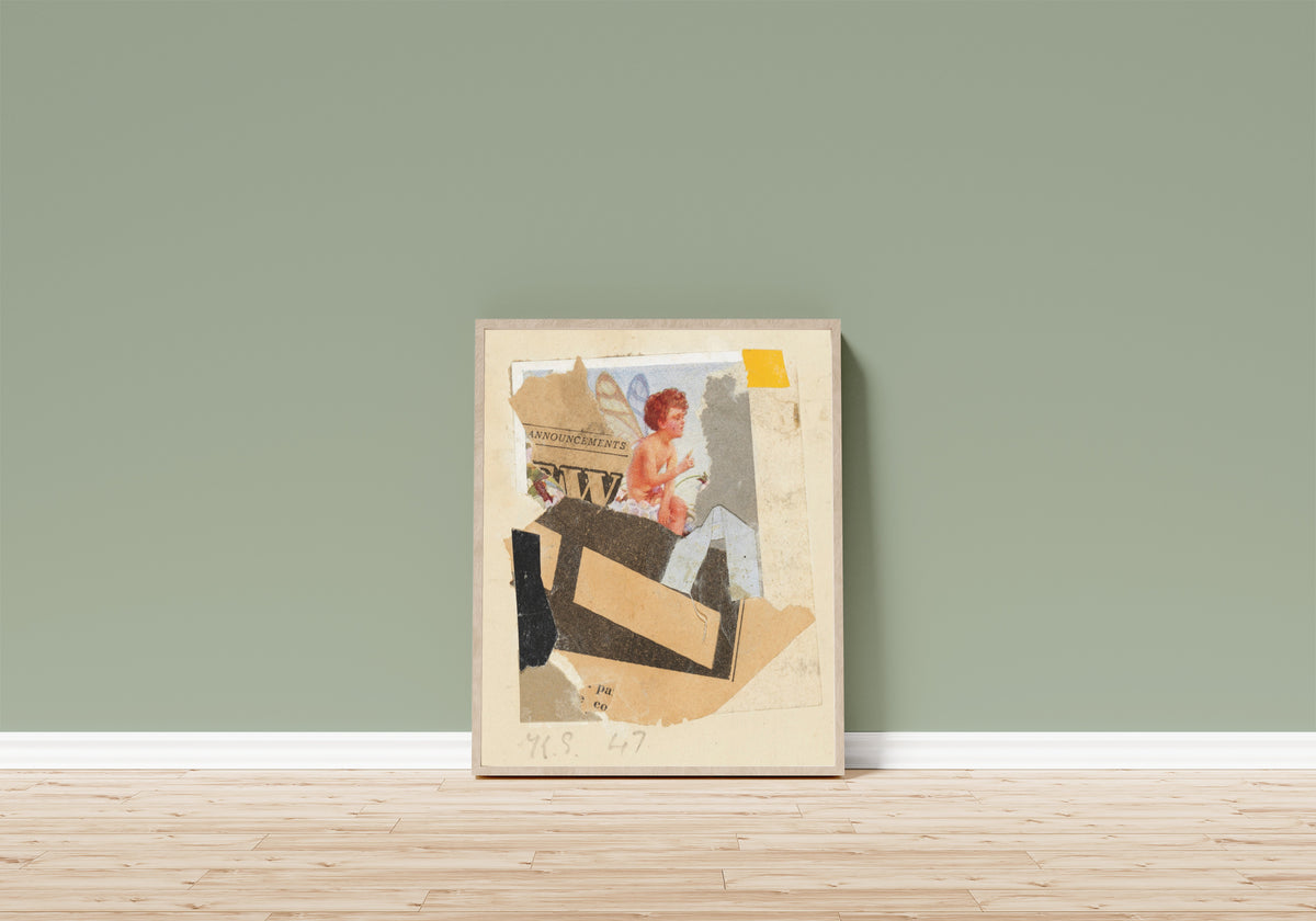 Framed art print of Ohne Titel (Ankündigungen) by Kurt Schwitters, in a light wood frame leaning on a sage green wall above a wooden floor