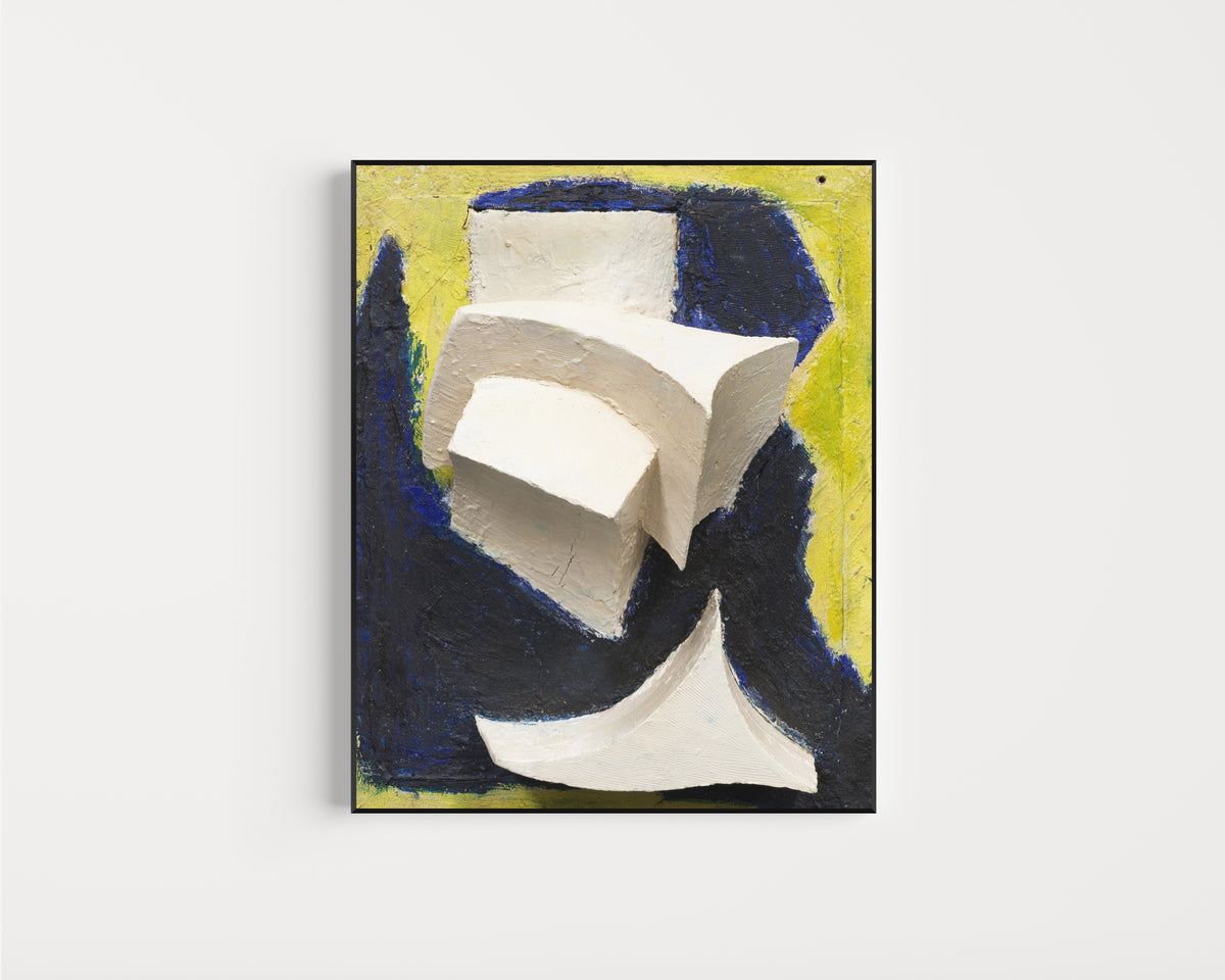 Framed art print of Ohne Titel (Bewegtes Weiss auf Blau und Gelb) by Kurt Schwitters, in a slim black frame on a plain white wall