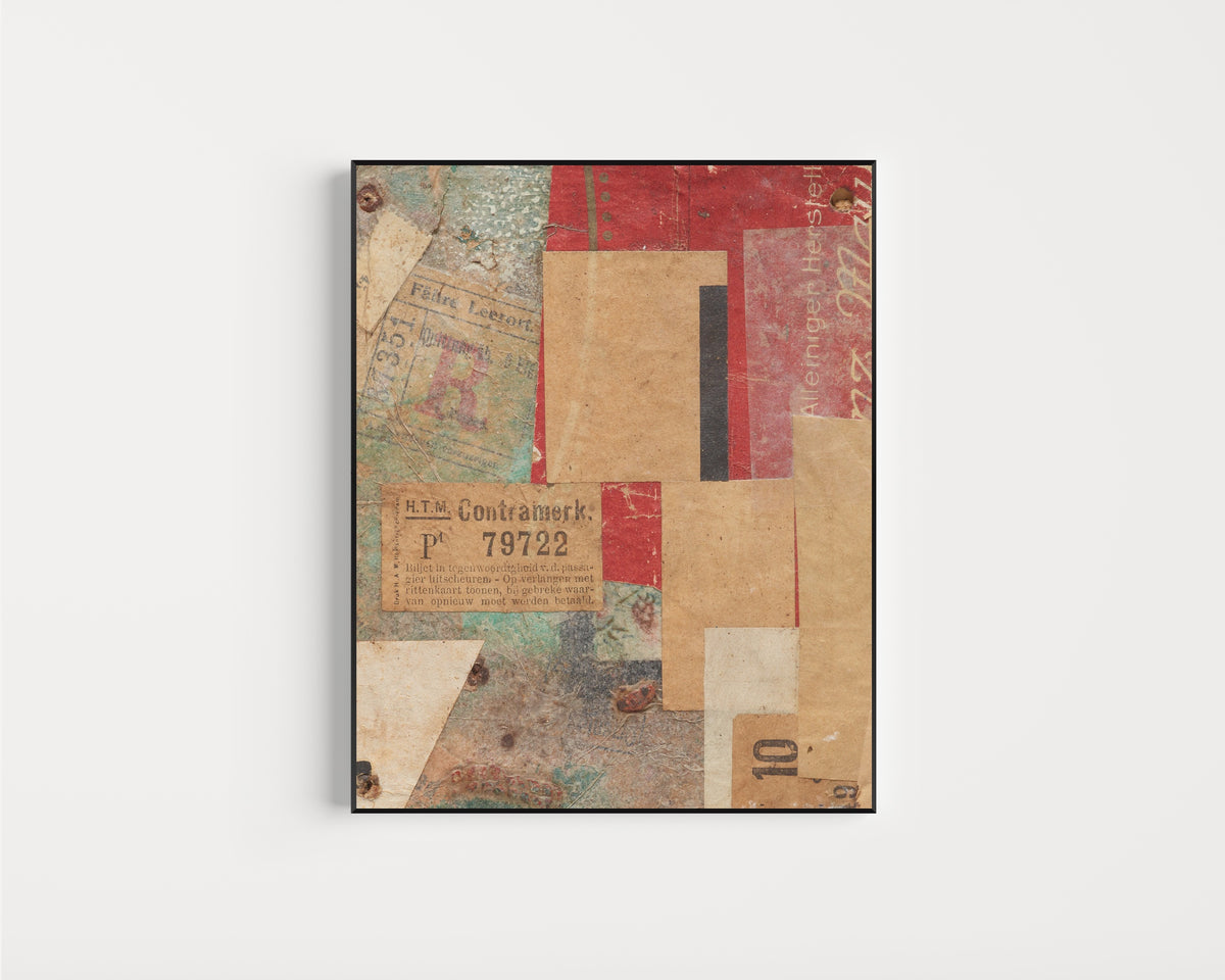 Framed art print of Ohne Titel (Contramerk.) by Kurt Schwitters, in a slim black frame on a plain white wall