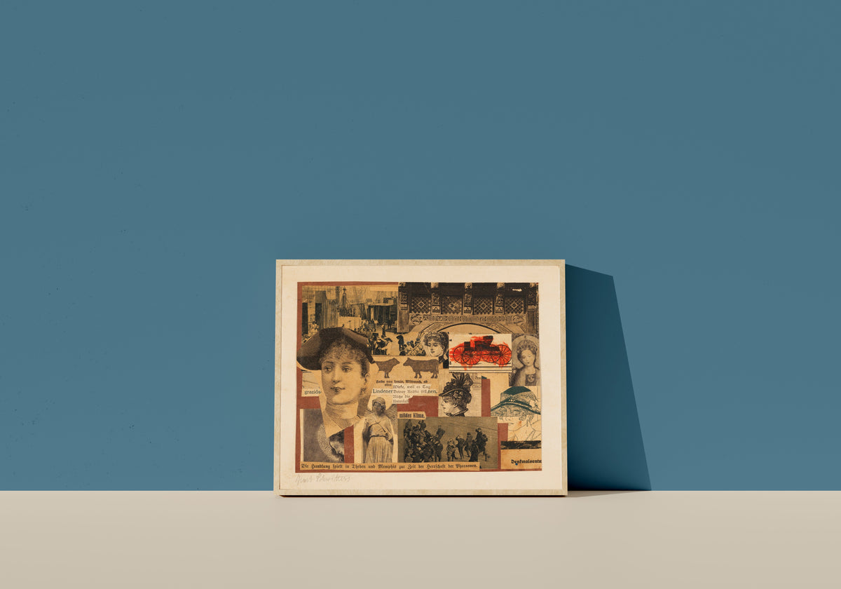 Framed art print of Ohne Titel (Die Handlung spielt in Theben) by Kurt Schwitters, in a light wood frame leaning on a blue wall