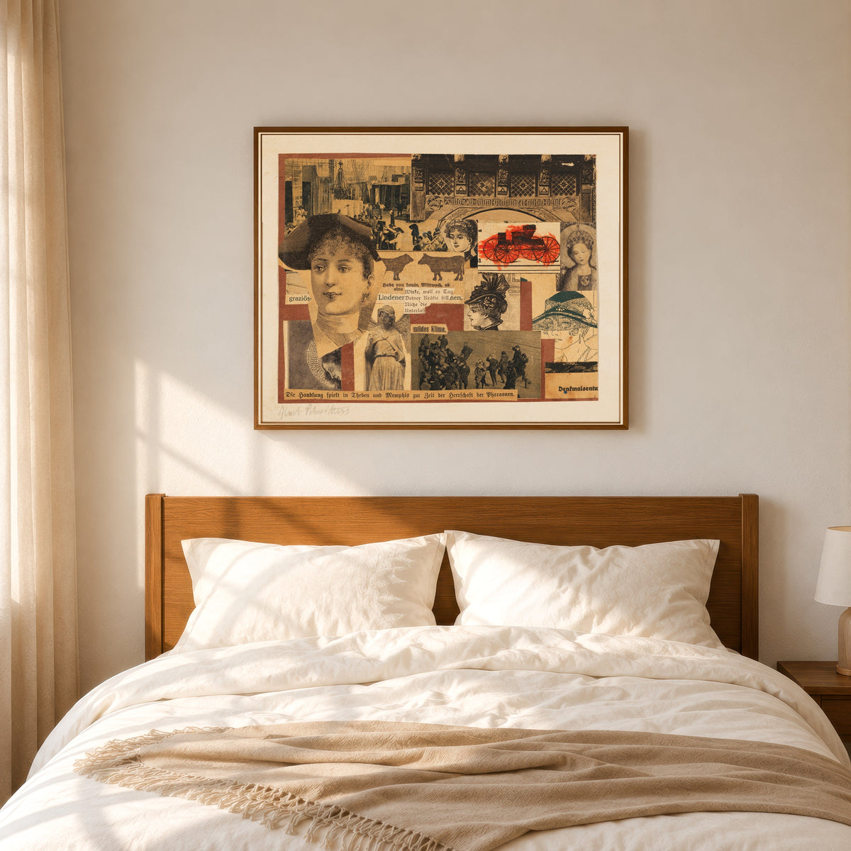 Framed art print of Ohne Titel (Die Handlung spielt in Theben) by Kurt Schwitters, in a slim wood frame above a bed in a sunlit bedroom
