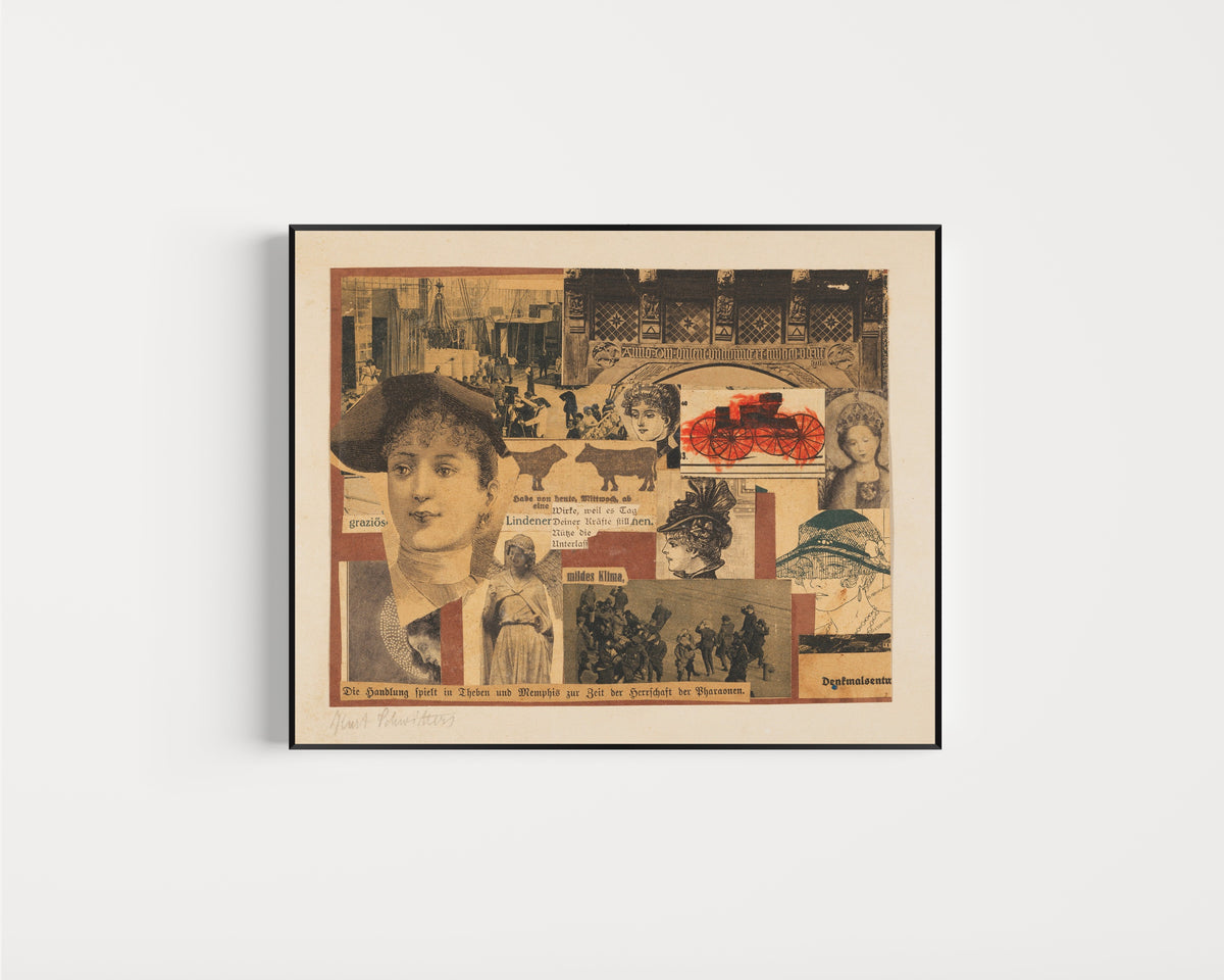 Framed art print of Ohne Titel (Die Handlung spielt in Theben) by Kurt Schwitters, in a slim black frame on a plain white wall