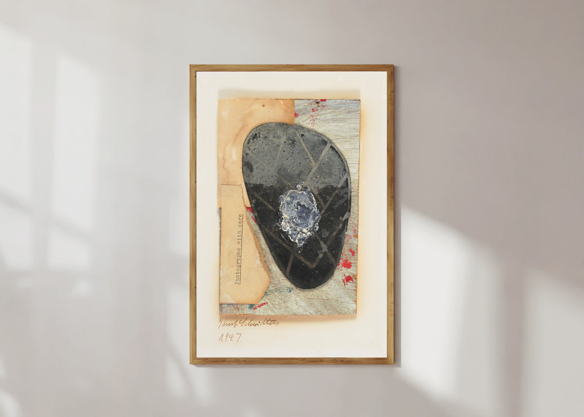 Framed art print of Ohne Titel (Fotografien mit Sorgfalt) by Kurt Schwitters, in a light wood frame on a sunlit white wall