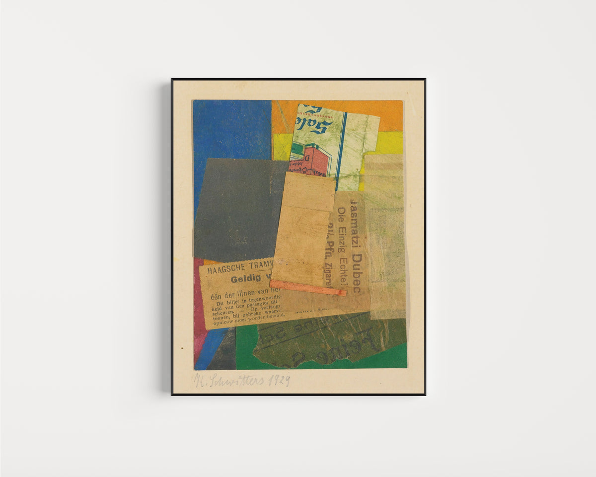 Framed art print of Ohne Titel (Geldig) by Kurt Schwitters, in a slim black frame on a plain white wall
