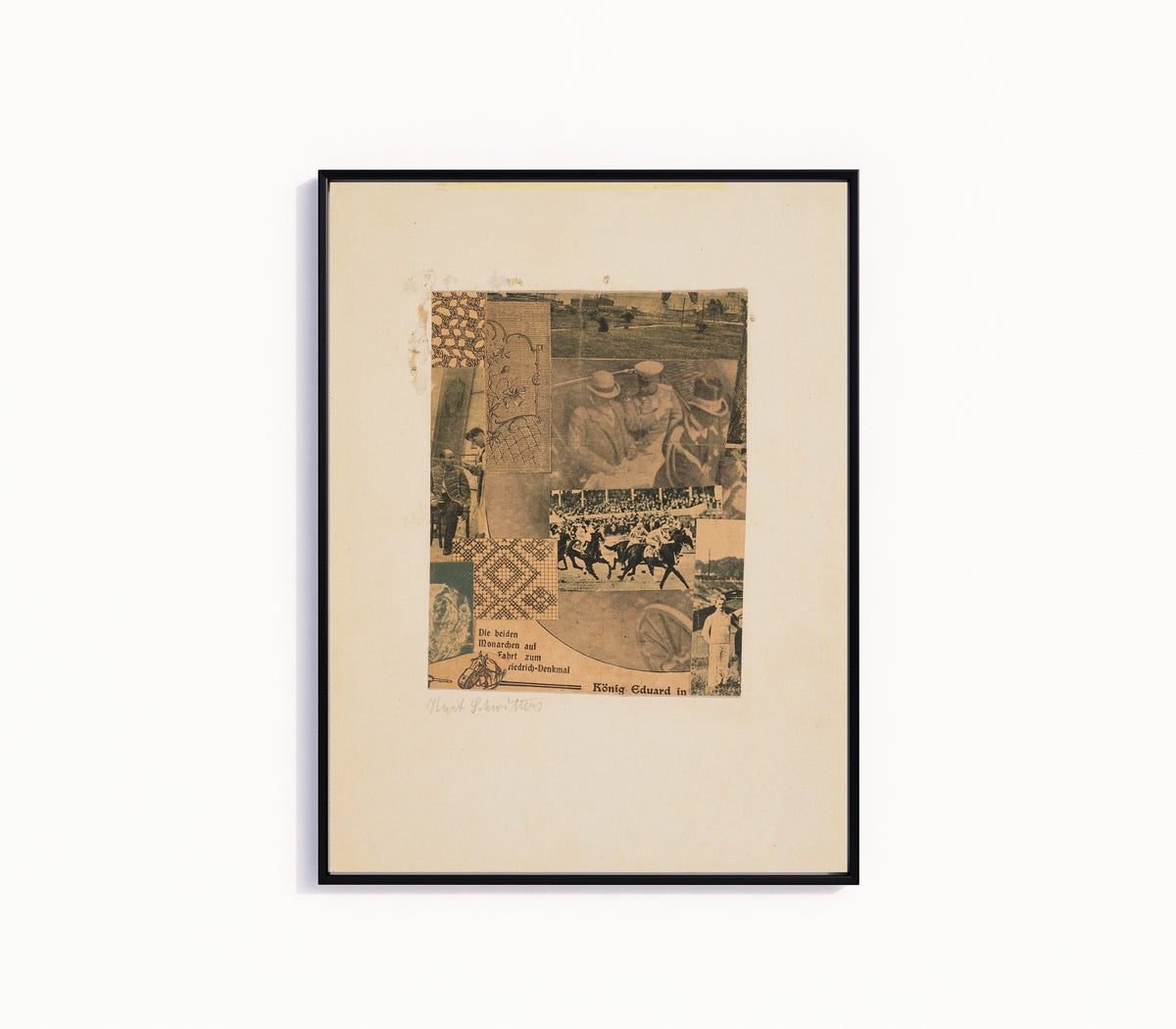 Framed art print of Ohne Titel (Köning Eduard in) by Kurt Schwitters, in a slim black frame on a plain white wall