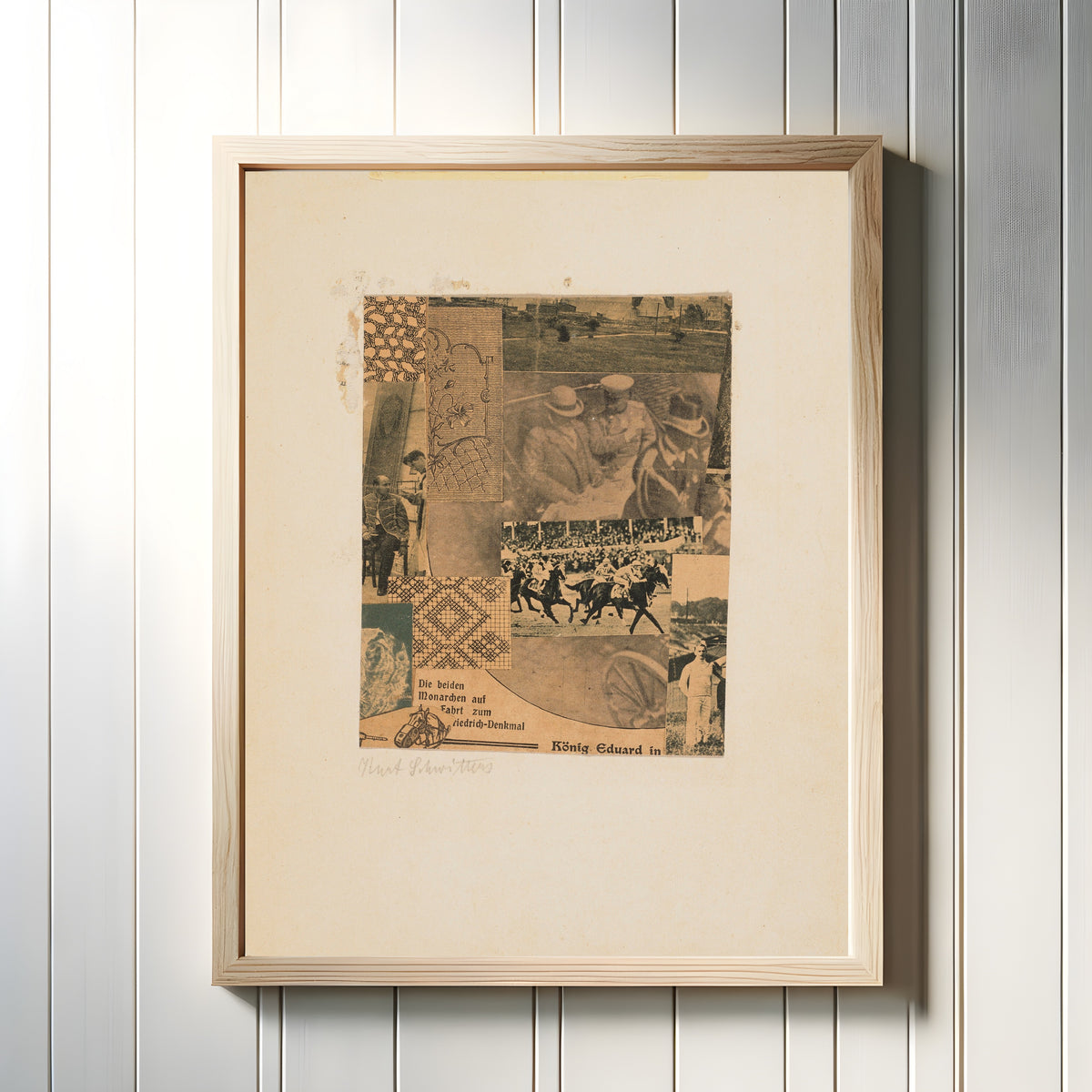 Framed art print of Ohne Titel (Köning Eduard in) by Kurt Schwitters, in a light wood frame on a white panelled wall