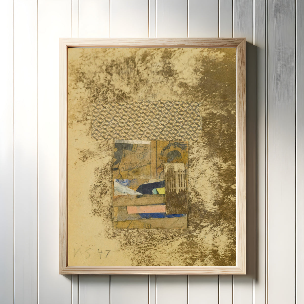 Framed art print of Ohne Titel (Merzzeichnung In Merzzeichnung) (Untitled (Merz Drawing In… by Kurt Schwitters, in a light wood frame on a white panelled wall