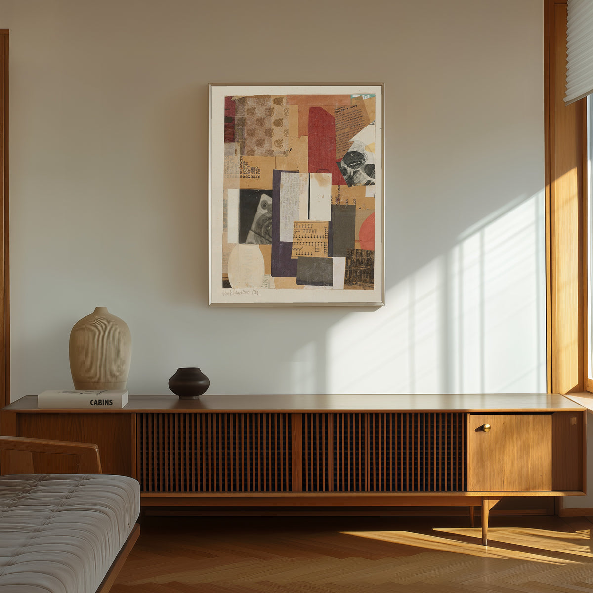 Framed art print of Ohne Titel (Oesie) by Kurt Schwitters, in a thin light frame on a sunlit wall above a wooden sideboard