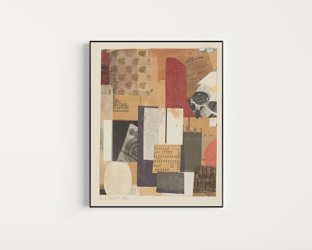 Framed art print of Ohne Titel (Oesie) by Kurt Schwitters, in a slim black frame on a plain white wall