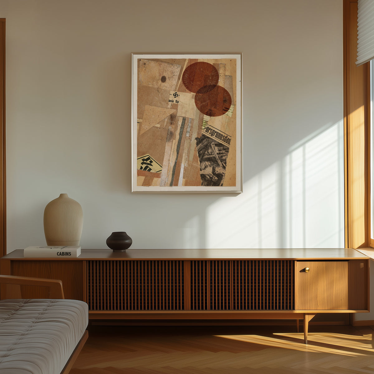 Framed art print of Ohne Titel (orsgrunnsdan) by Kurt Schwitters, in a thin light frame on a sunlit wall above a wooden sideboard