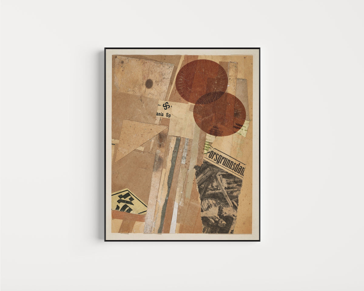 Framed art print of Ohne Titel (orsgrunnsdan) by Kurt Schwitters, in a slim black frame on a plain white wall
