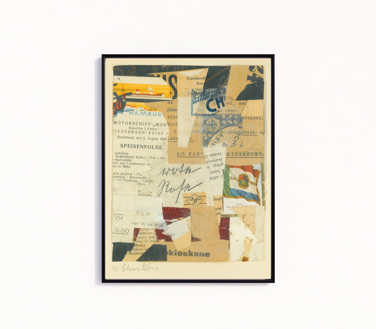 Framed art print of Ohne Titel (Rote Rose) by Kurt Schwitters, in a slim black frame on a plain white wall