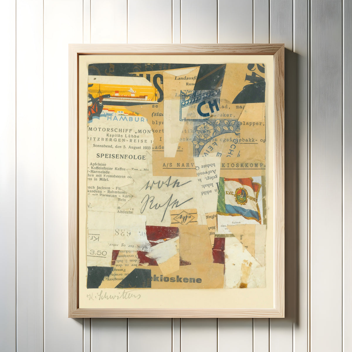 Framed art print of Ohne Titel (Rote Rose) by Kurt Schwitters, in a light wood frame on a white panelled wall