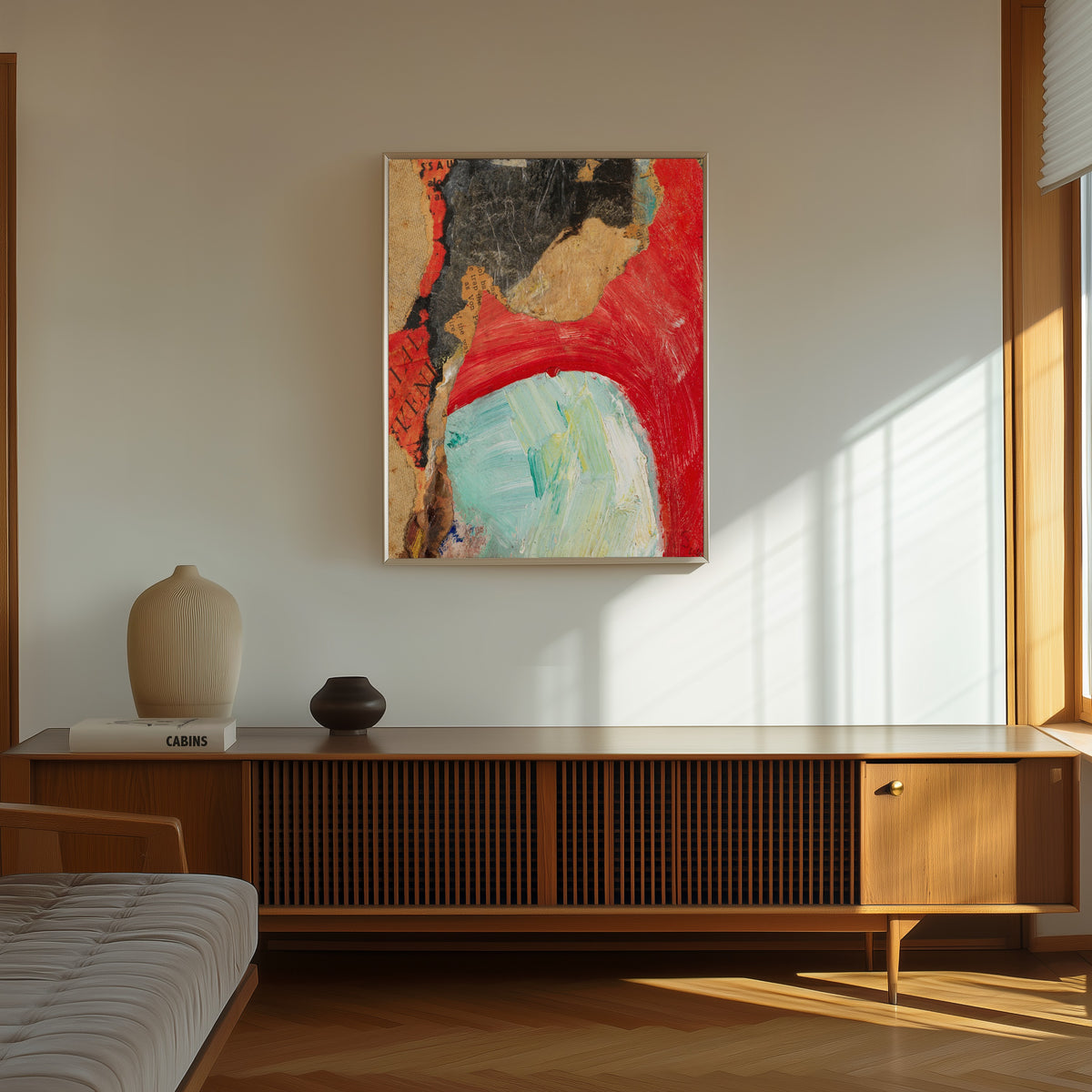 Framed art print of Ohne Titel (VENI). Merzzeichnung by Kurt Schwitters, in a thin light frame on a sunlit wall above a wooden sideboard