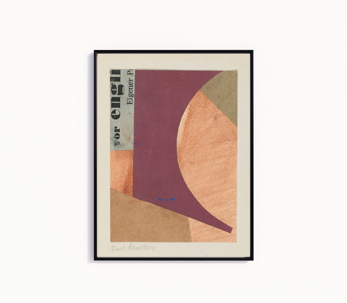 Framed art print of Ohne Titel (Vor Engli Eigener P) by Kurt Schwitters, in a slim black frame on a plain white wall