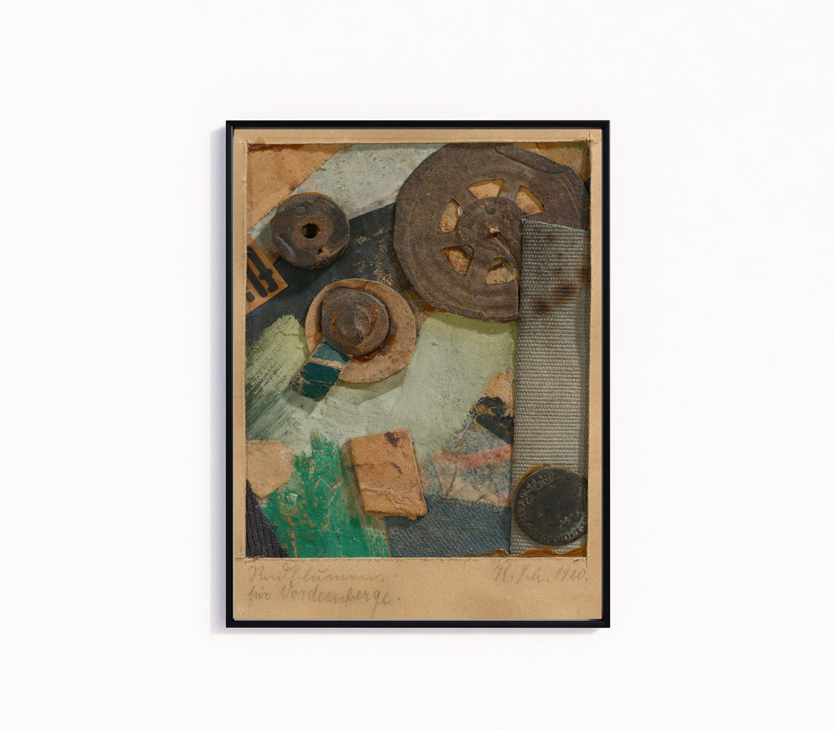 Framed art print of Radblumen by Kurt Schwitters, in a slim black frame on a plain white wall