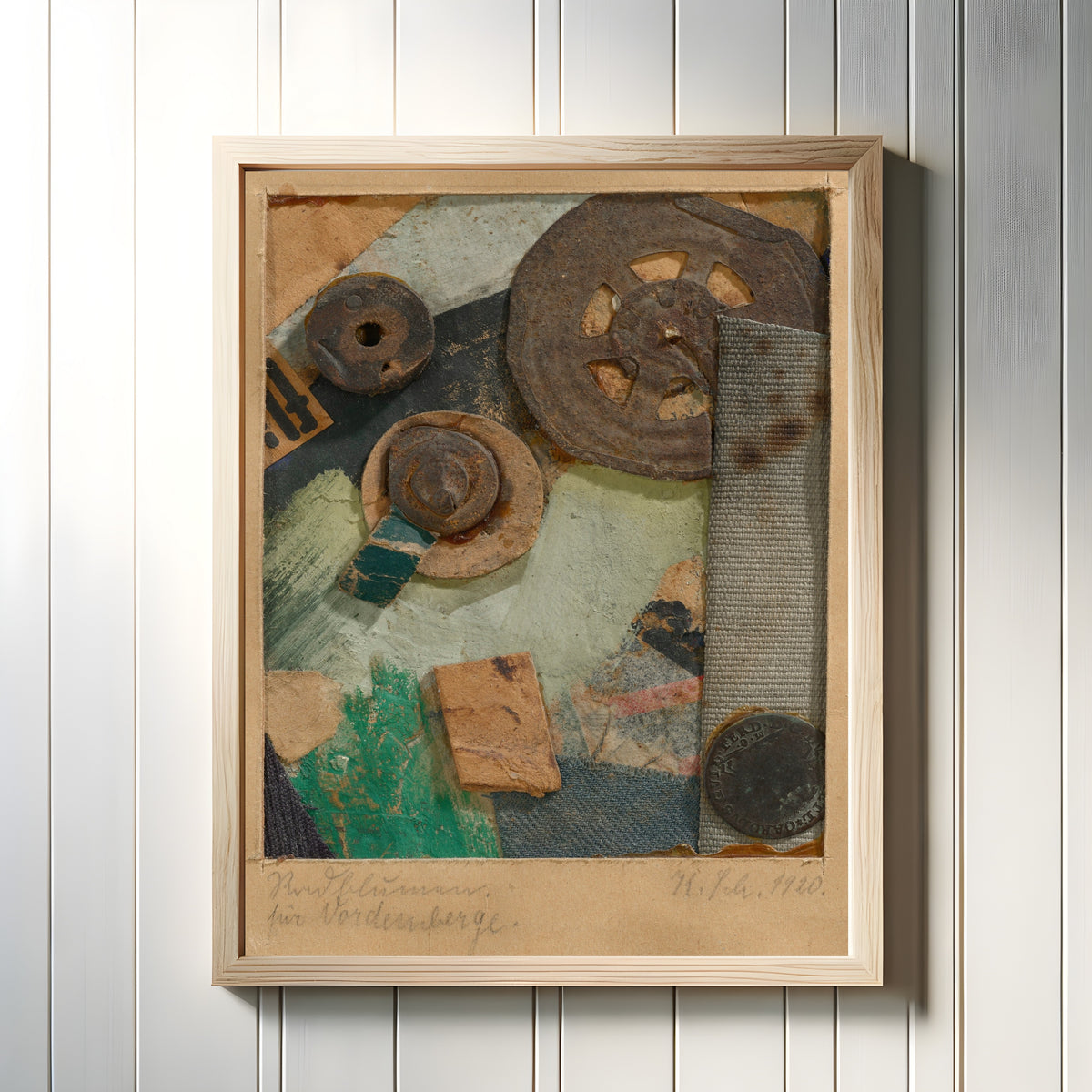Framed art print of Radblumen by Kurt Schwitters, in a light wood frame on a white panelled wall