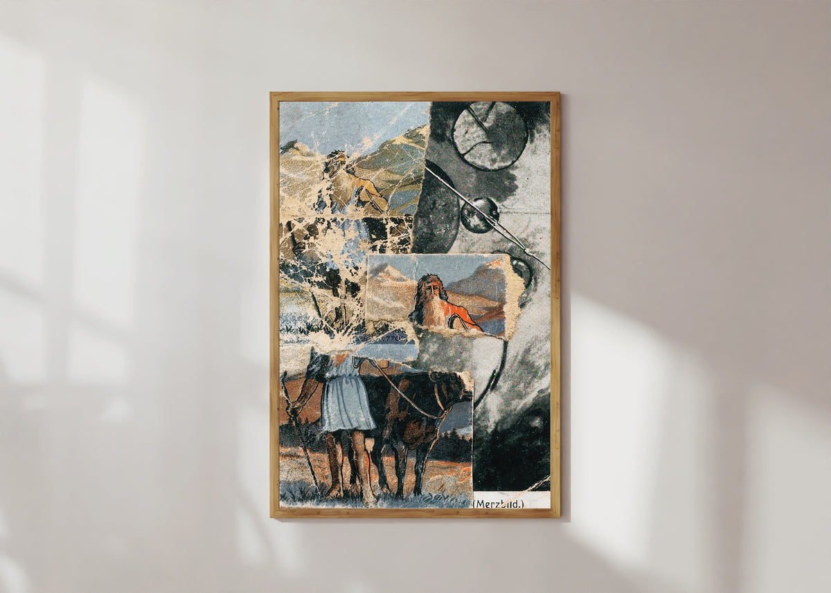 Framed art print of Sans Titre (Collagierte Bildpostkarte Das Kreisen) by Kurt Schwitters, in a light wood frame on a sunlit white wall