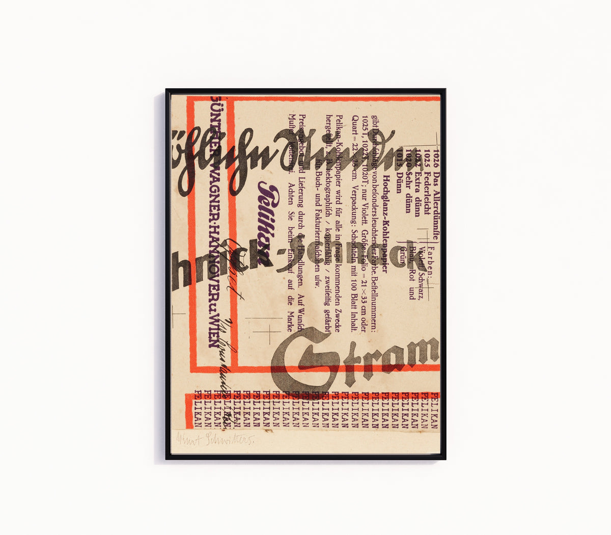 Framed art print of Schnack (Pelikan) by Kurt Schwitters, in a slim black frame on a plain white wall
