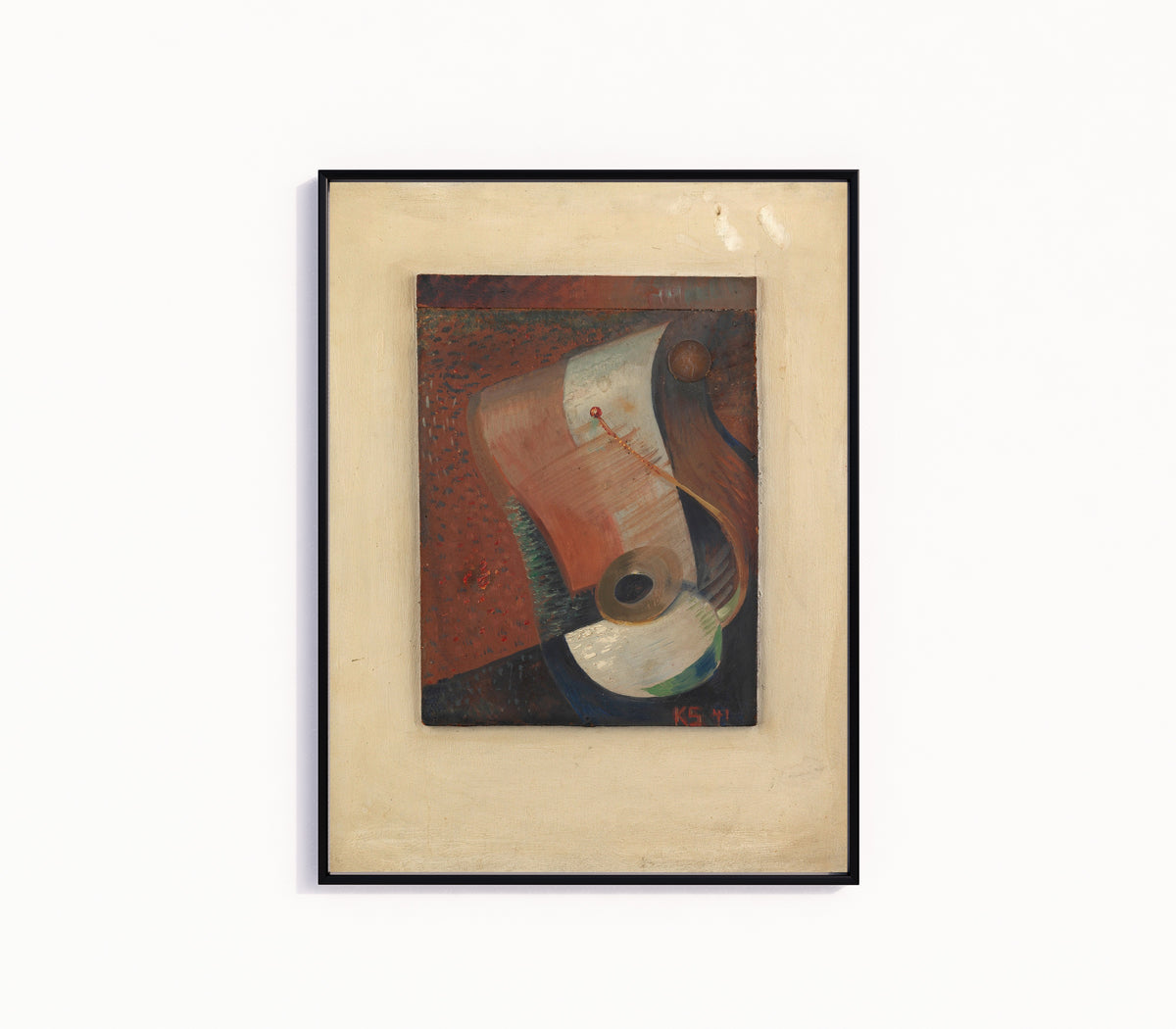 Framed art print of Still life with penny by Kurt Schwitters, in a slim black frame on a plain white wall