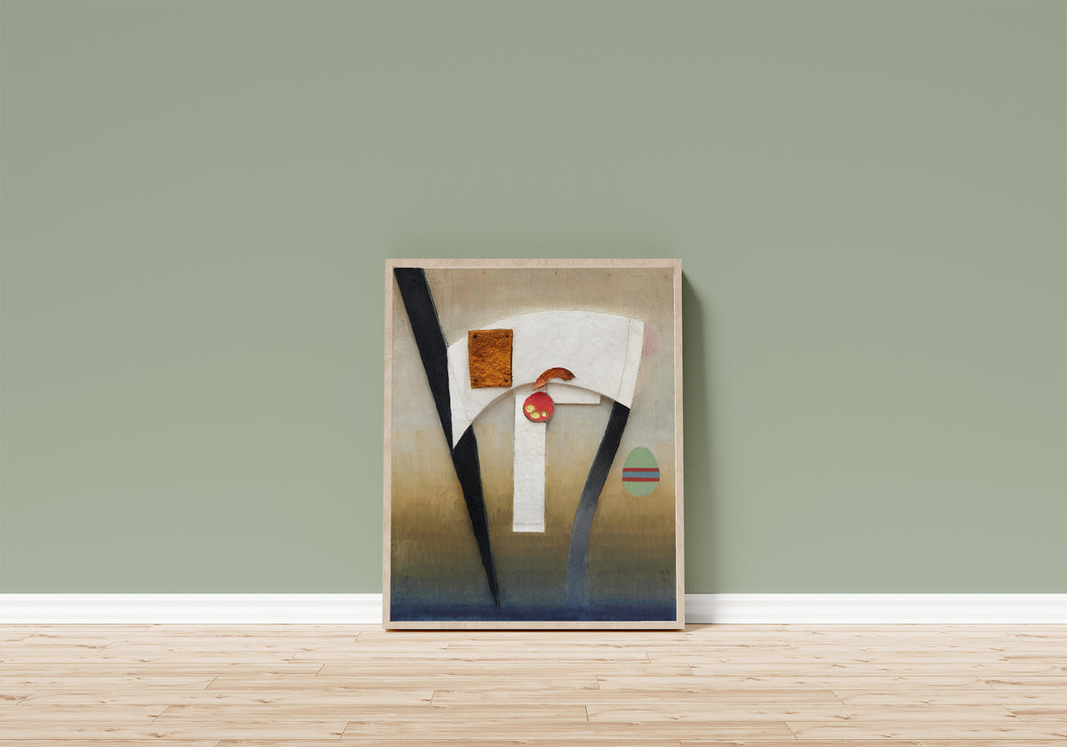 Framed art print of The picture of good hope (Bild der guten… by Kurt Schwitters, in a light wood frame leaning on a sage green wall above a wooden floor