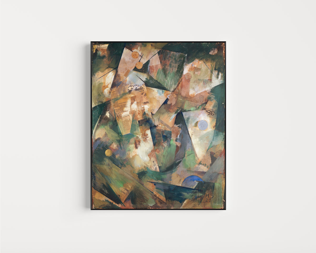 Framed art print of The Springtime Picture Merzpicture 20 B by Kurt Schwitters, in a slim black frame on a plain white wall