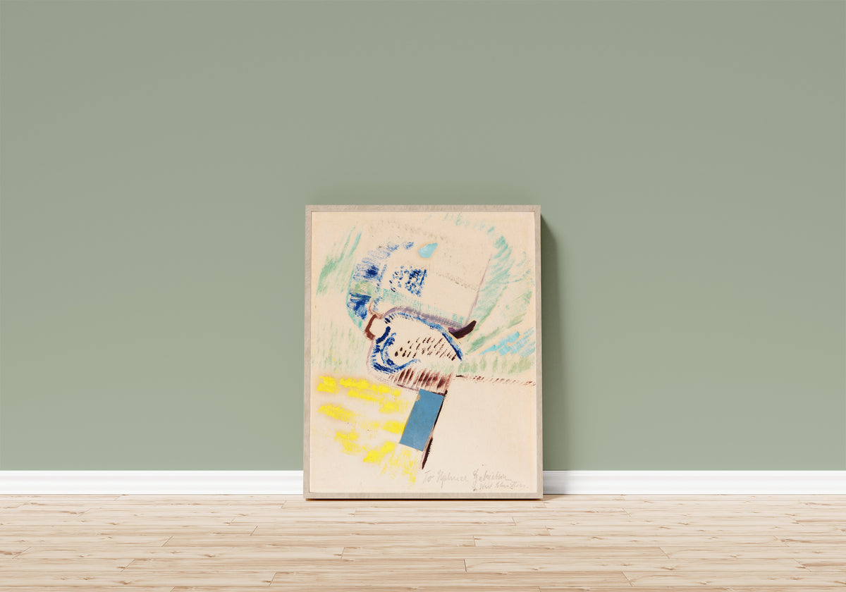 Framed art print of To Hjalmar Gabrielson. Merzzeichnung by Kurt Schwitters, in a light wood frame leaning on a sage green wall above a wooden floor