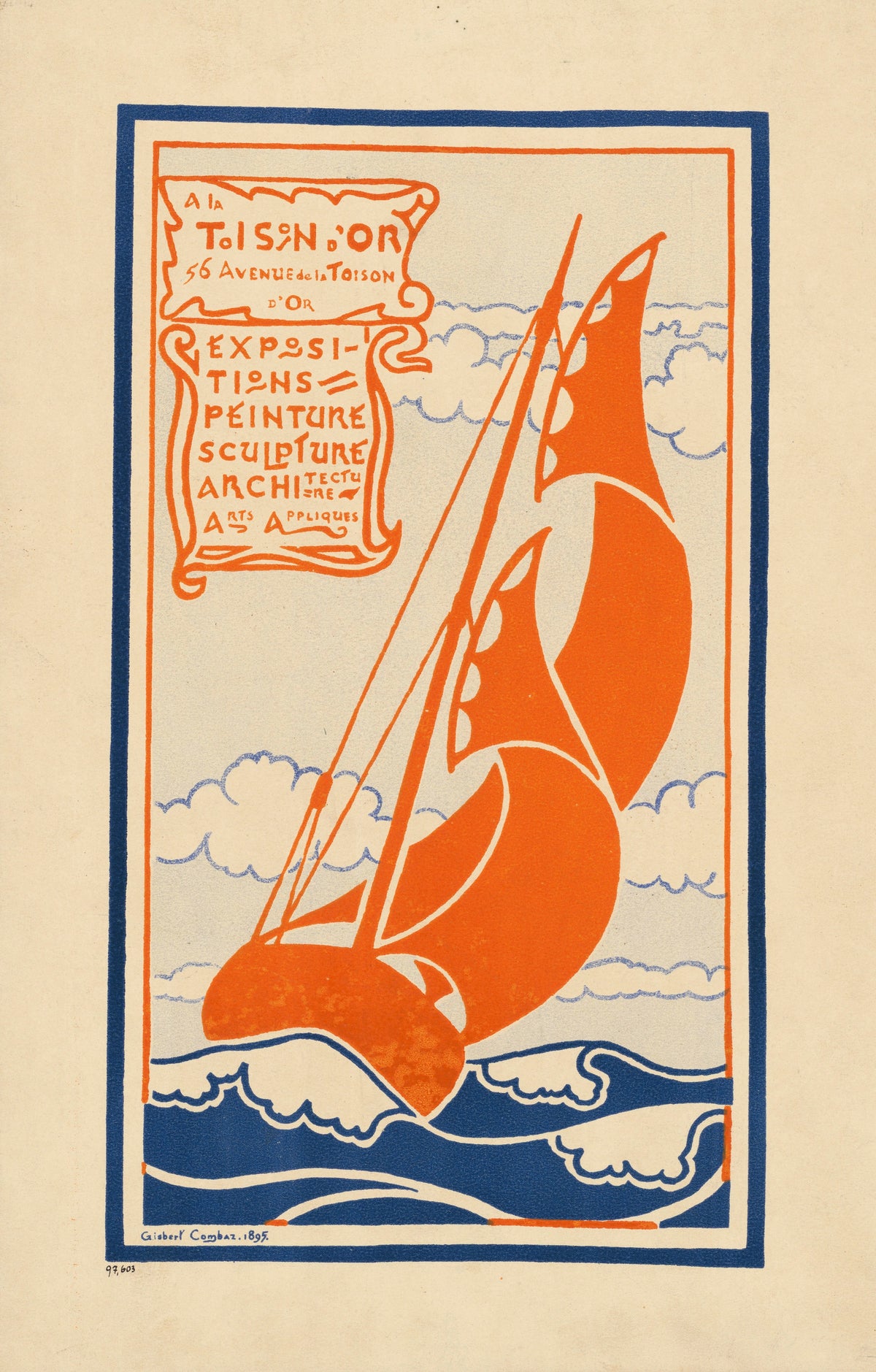 À la Toison d'Or: Expositions de Peinture, Sculpture, Architecture, Arts appliqués by Gisbert Combaz — An orange sailboat heels into a blue sea under outlined