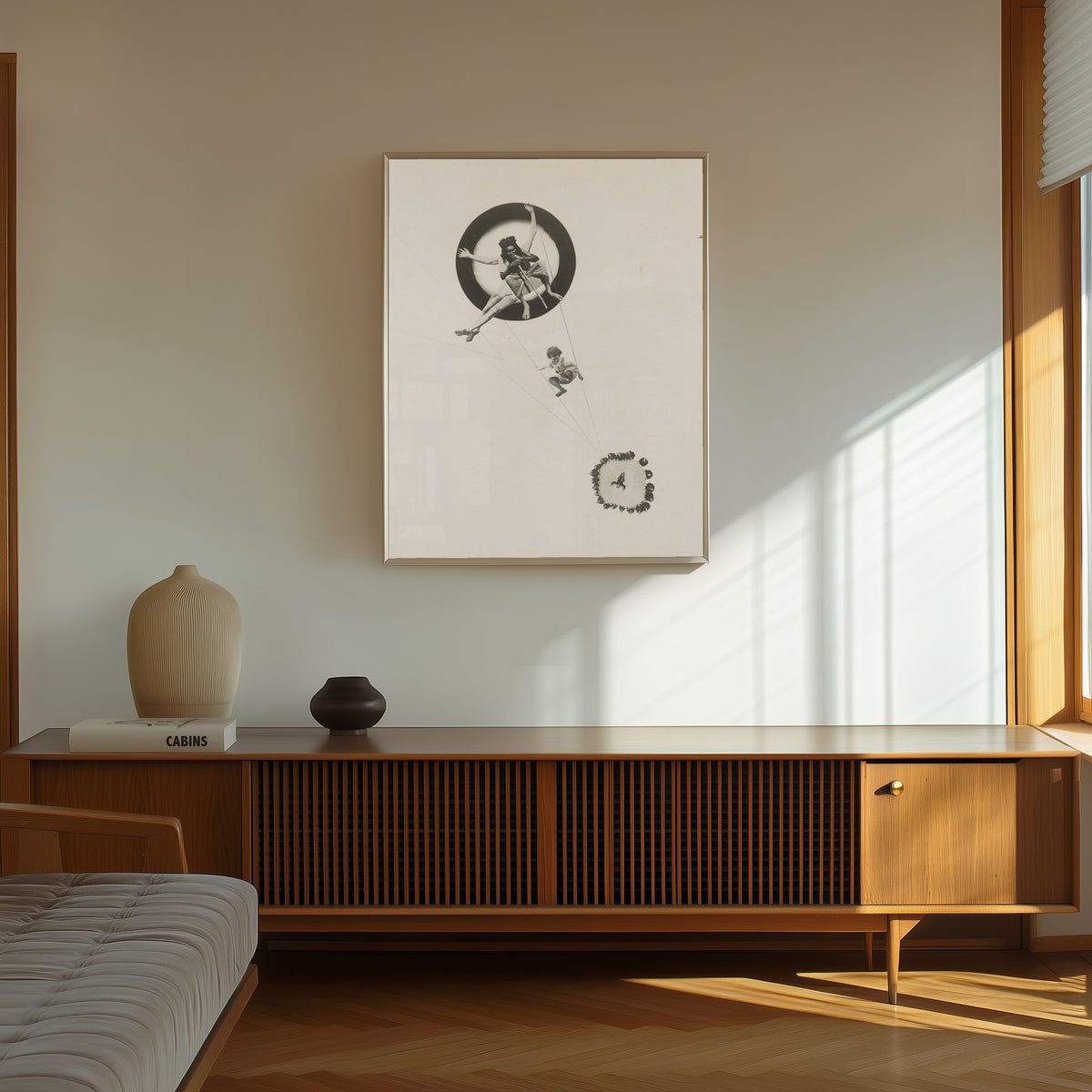 Framed art print of Behind the Back of the Gods by László Moholy-Nagy, in a thin light frame on a sunlit wall above a wooden sideboard