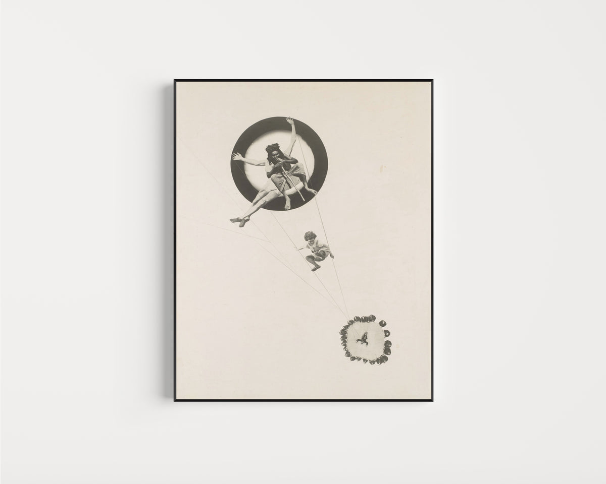 Framed art print of Behind the Back of the Gods by László Moholy-Nagy, in a slim black frame on a plain white wall