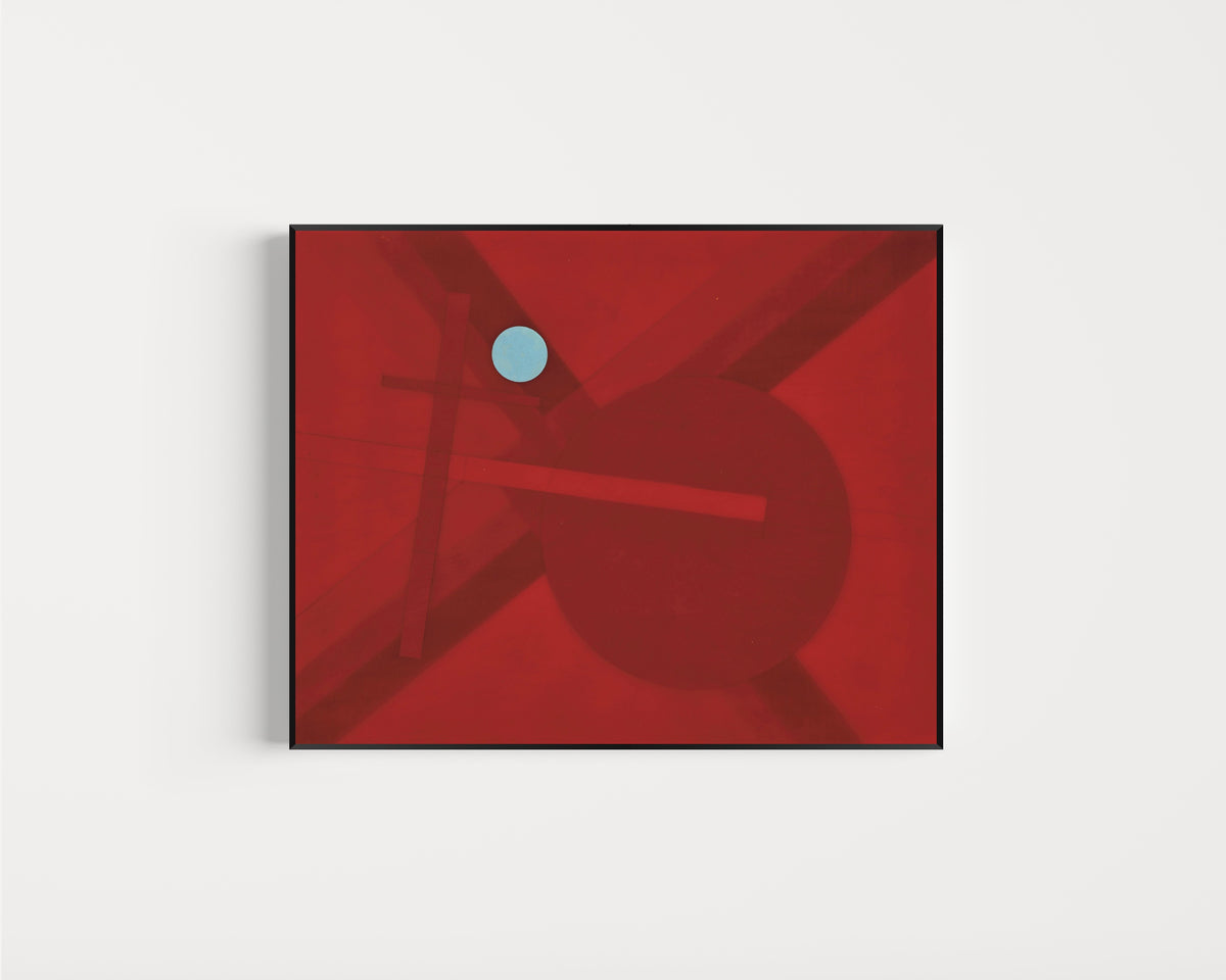 Framed art print of Composition G4 by László Moholy-Nagy, in a slim black frame on a plain white wall