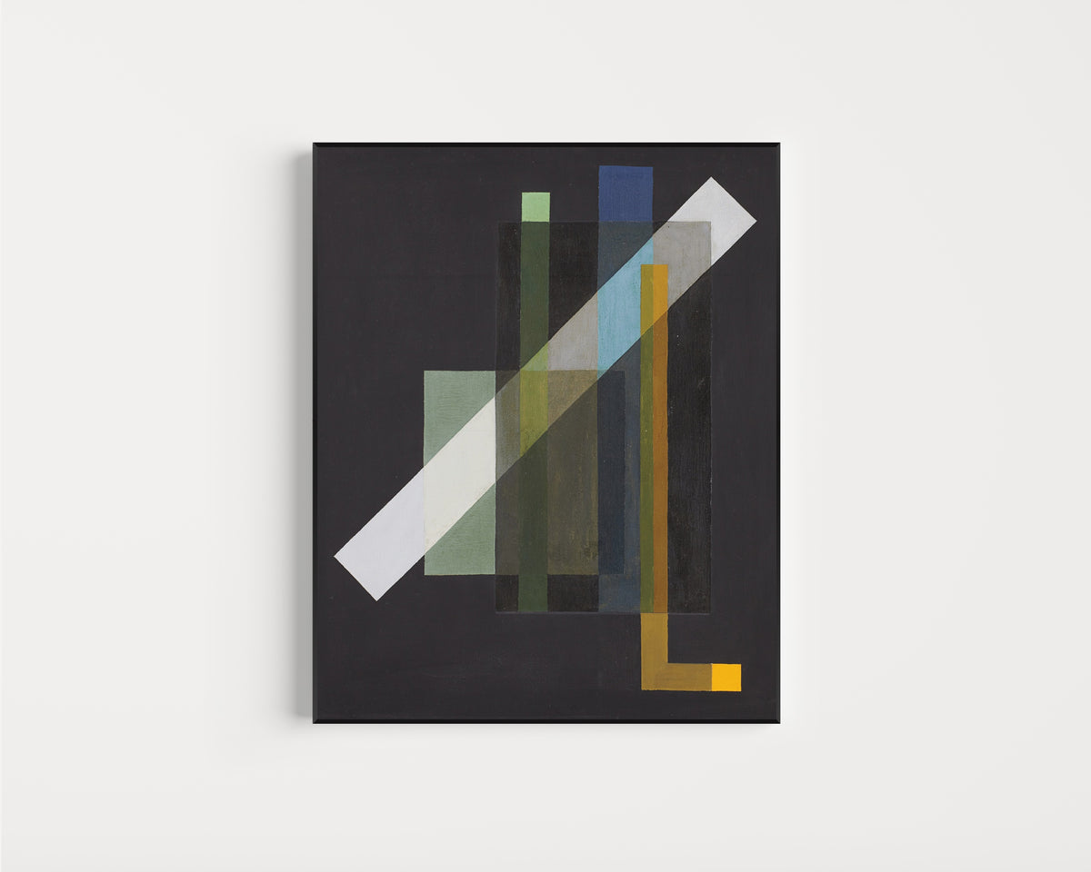 Framed art print of Construction (1924) by László Moholy-Nagy, in a slim black frame on a plain white wall