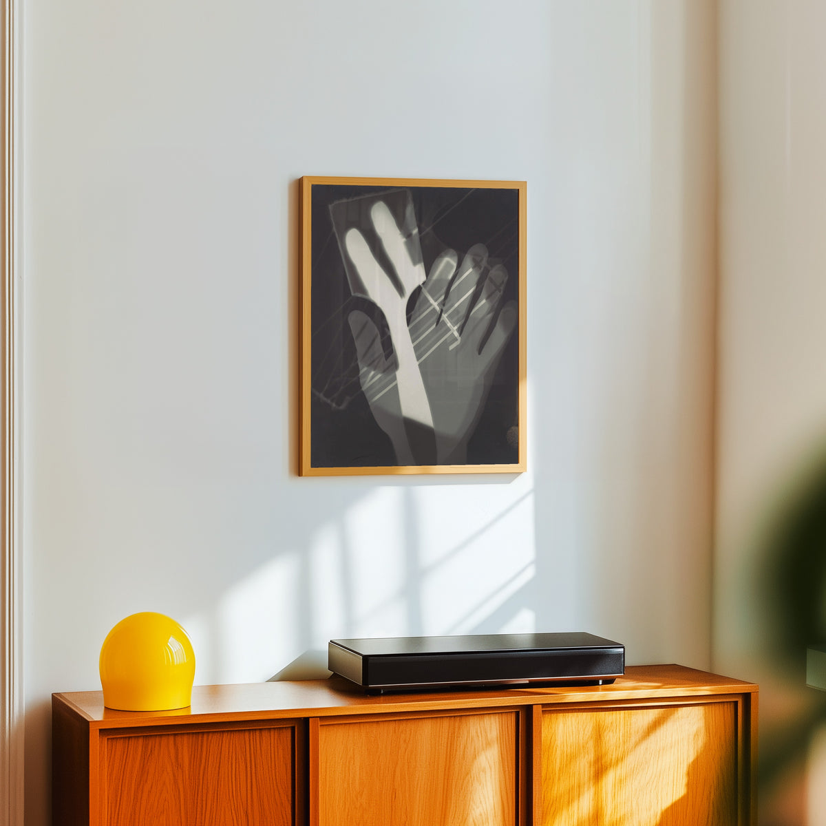 Framed art print of Fotogramm (1926) by László Moholy-Nagy, in a light wood frame on a white wall above an orange sideboard