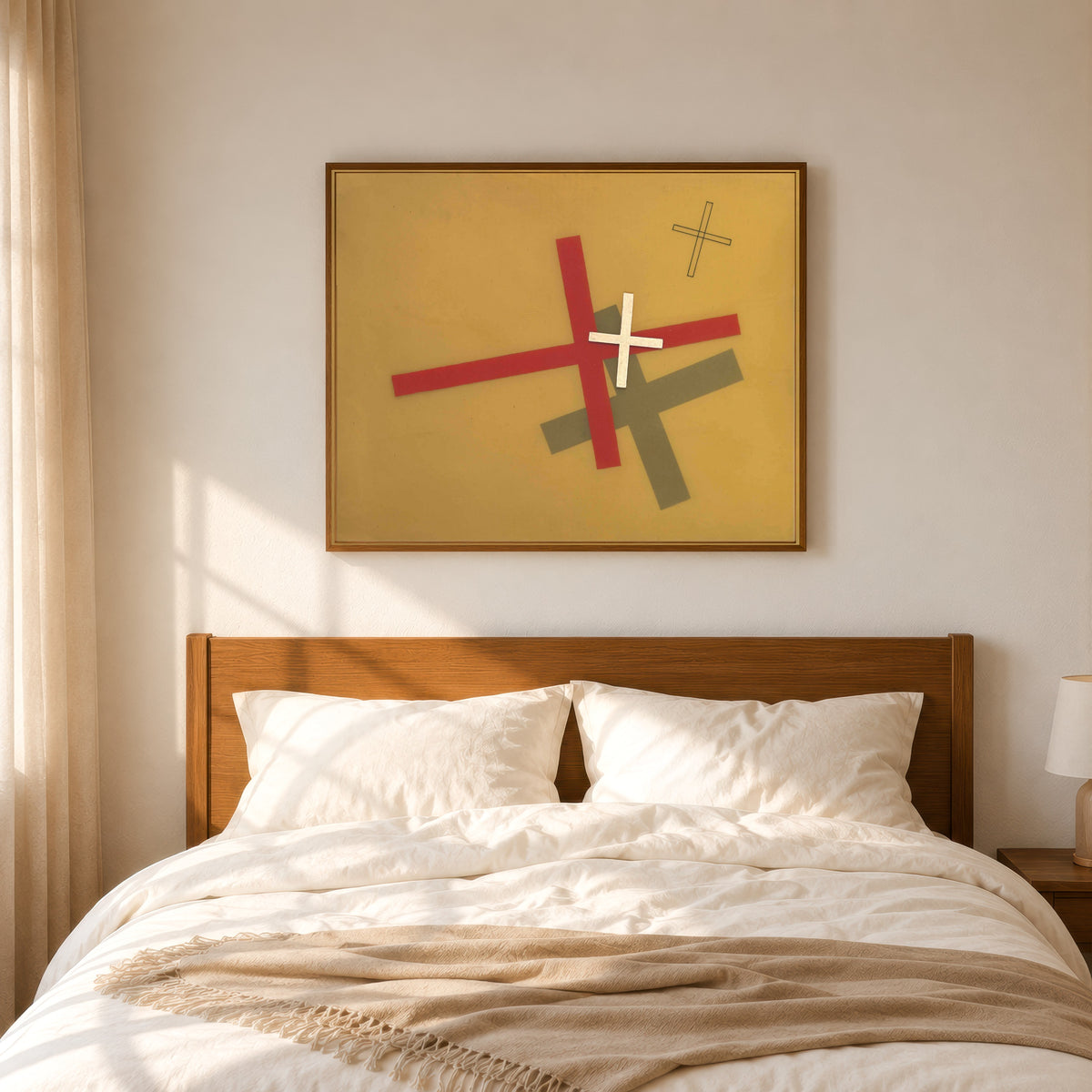 Framed art print of G 8 by László Moholy-Nagy, in a slim wood frame above a bed in a sunlit bedroom
