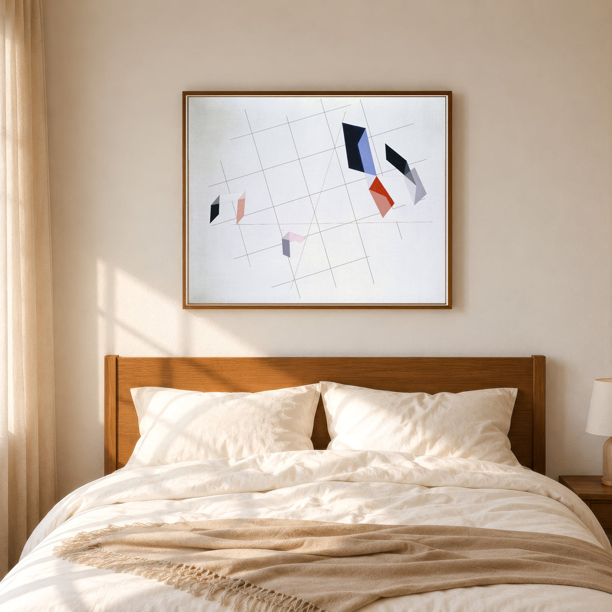 Framed art print of L IV by László Moholy-Nagy, in a slim wood frame above a bed in a sunlit bedroom
