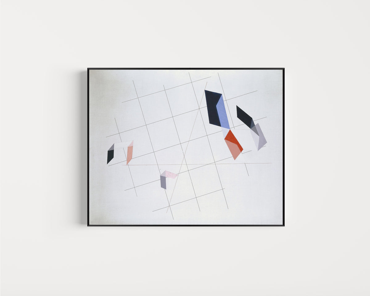 Framed art print of L IV by László Moholy-Nagy, in a slim black frame on a plain white wall