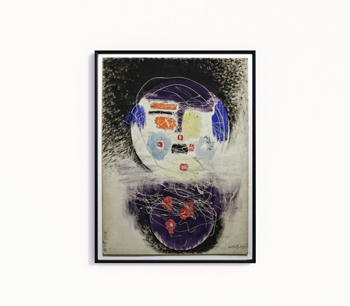 Framed art print of Space Construction by László Moholy-Nagy, in a slim black frame on a plain white wall